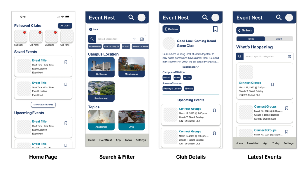 An image showing the version 1 homepage, search/filter, club details, and latest events designs.